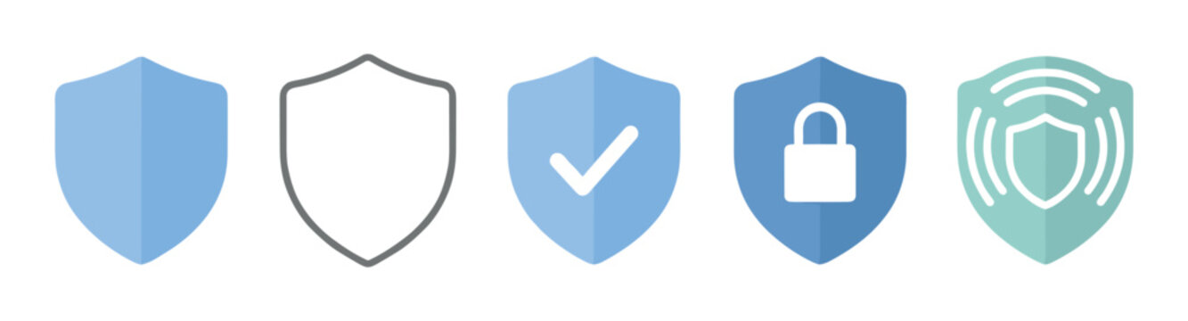 Five shield icons representing various aspects of digital security, data protection, privacy, and online safety concepts, presented in a clean, modern vector style.