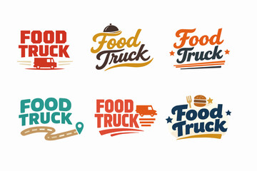 Obraz premium Food truck branding collection presenting various logo designs with custom lettering, food icons, and road elements
