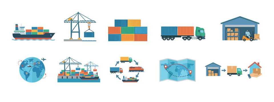 Logistics and supply chain icons illustrate global transportation, cargo delivery, and warehouse operations, depicting the intricate network of modern freight movement.