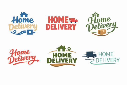 Set of home delivery service logos displaying houses, trucks, and packages. Concepts of fast and reliable shipping