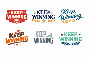 Obraz premium Set of vector typography designs saying keep winning with stars, trophies, laurels, arrows, and chart elements