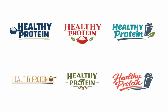 Healthy protein product branding concepts set. Designing logos for fitness supplements, organic nutrition, and workout diet programs