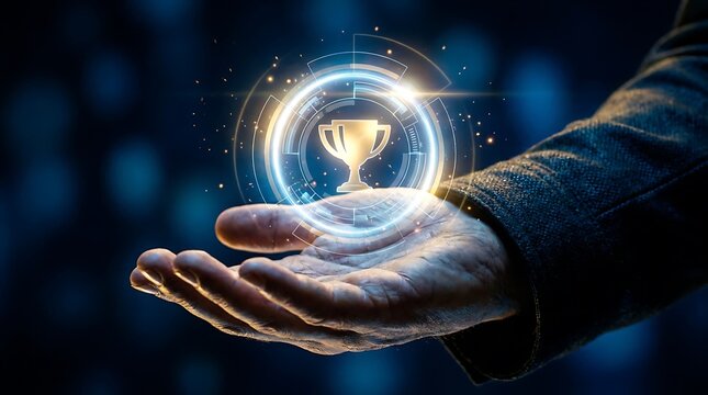 Hand holding glowing trophy award with digital circle and sparks light.