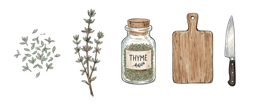 Thyme leaves, sprig, dried spice, cutting board, and knife are beautifully illustrated in a culinary collection for cooking and seasoning.