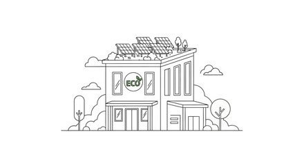 Obraz premium Minimalist Line Art Illustration of an Eco-Friendly Sustainable Building with Solar Panels, Green Roof, and Renewable Energy Concept.