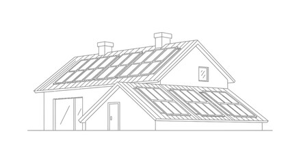 Fototapeta premium Modern House with Solar Panels Line Art Illustration - Sustainable Renewable Energy Home Concept