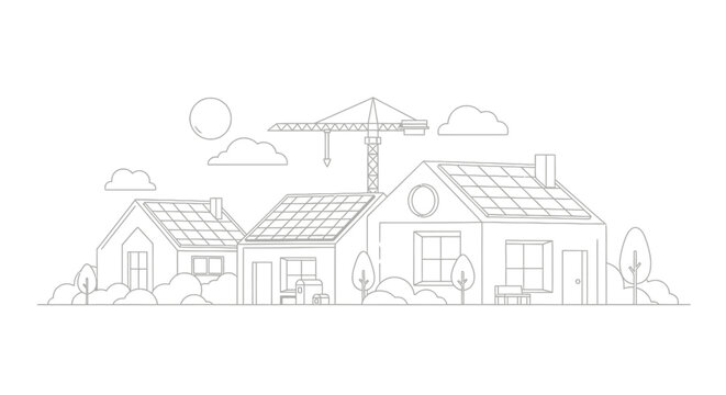 Eco-Friendly Sustainable Housing Development Line Art Illustration; Modern Suburban Neighborhood with Solar Panels and Construction Crane Outline Vector