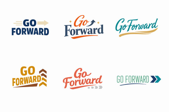 Go forward logo set creating brand identity with arrows, typography, and concepts of progress, movement, and successful direction