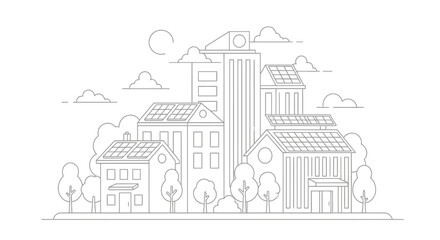 Naklejka premium Sustainable City Landscape Line Art Illustration with Solar Panels on Rooftops, Green Energy and Eco-Friendly Urban Planning Concept