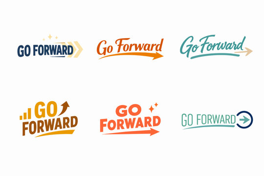 Go forward typography logos set, arrows and chart elements emphasizing progress, motivation, and growth concept
