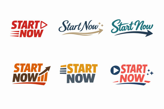 Six different start now logos encouraging motivation, action, and new beginnings for business or personal goals