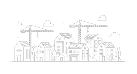 Obraz premium Modern Sustainable City Construction Illustration: Minimalist Line Art of Eco-Friendly Neighborhood with Solar Panels, Tower Cranes, and Renewable Energy Architecture