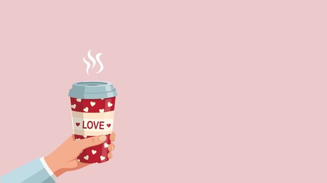 Hand Holding a Takeaway Coffee Cup with Love Heart Pattern and Steam