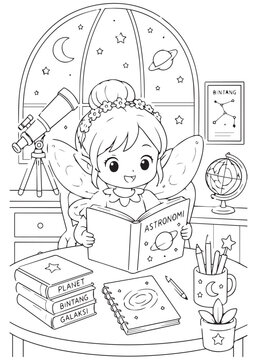 coloring book page fairy reading about planets beside a globe and telescope in a moonlit study room