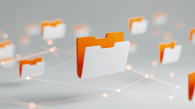 Orange digital folders floating above network web connection. Cloud computing data storage and file management. Virtual archive organization system for business technology information.