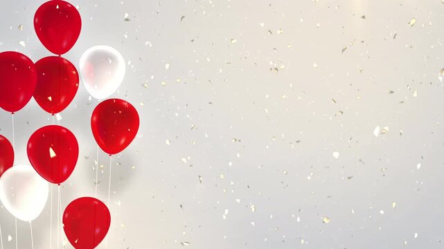 Background with gold and silver confetti falling. White and red balloons. The colors are based on the flags of Indonesia, Austria, Qatar,Canada,and japan.