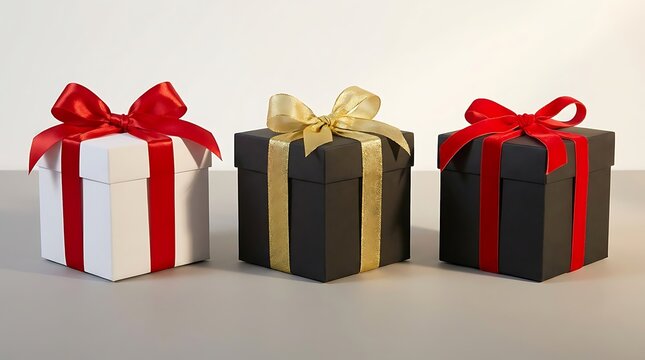 Three stylish gift boxes elegantly tied with ribbons, ready to celebrate a special moment. Each box has a different color. 