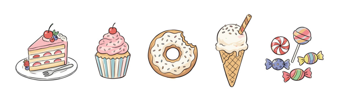 Sweet desserts and candies in a delightful hand-drawn illustration featuring a cake, cupcake, donut, ice cream, and various colorful confectionery.