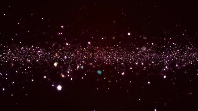 Horizontal band of sparkling particles and bokeh lights against dark background, evoking stars or glitter, dreamy and cosmic atmosphere