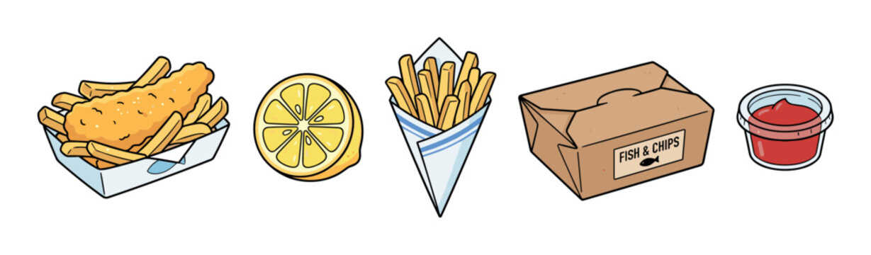Fish and chips meal elements, including battered fish, golden fries, fresh lemon, and ketchup, are neatly arranged in a charming cartoon illustration.