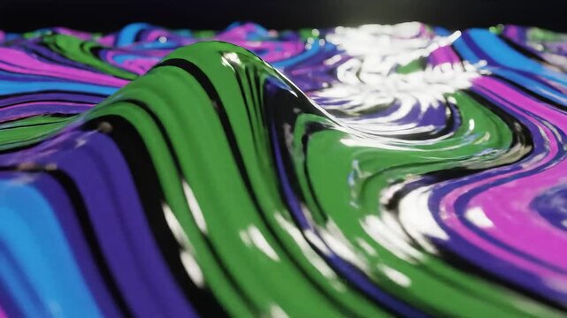 Close-up of glossy multicolored liquid waves in vibrant green, purple, blue, pink and black, flowing like painted ripples with highlights and reflections