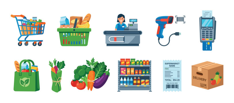 Supermarket shopping grocery store elements collection illustrating the complete retail process from selecting fresh produce and packaged goods to checkout and home delivery.