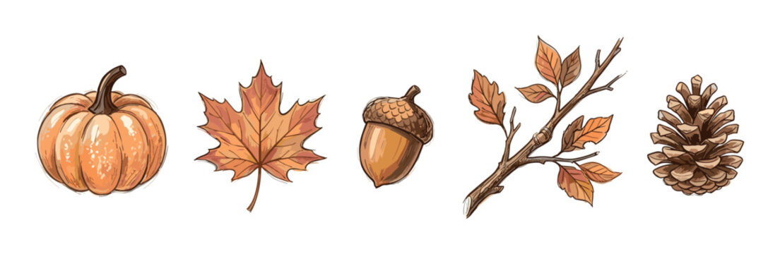 Various autumn elements pumpkin maple leaf acorn branch and pinecone are beautifully illustrated in a warm, hand-drawn style, perfect for seasonal designs.