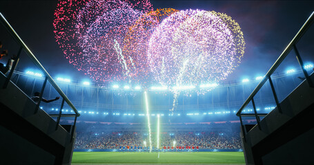 Professional Stadium With Football Game Championship Opening Ceremony. Soccer Teams Line up at Midfield While Fireworks Bloom Above Packed Stands and Bright Floodlights Heighten the Pre Match Exciteme © Gorodenkoff