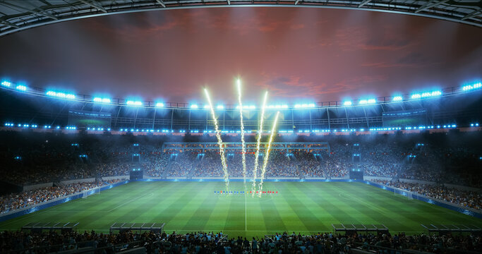 Professional Stadium With Football Game Championship Opening Ceremony. Soccer Teams Line up at Midfield While Fireworks Bloom Above Packed Stands and Bright Floodlights Heighten the Pre Match Exciteme