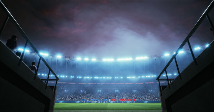 Dramatic Soccer Championship Stadium View From the Tunnel as Two Men&rsquo;s Teams Line up Under Blazing Floodlights Before Kickoff, With Packed Stands, Night Sky, and High-stakes Tournament Atmosphere.