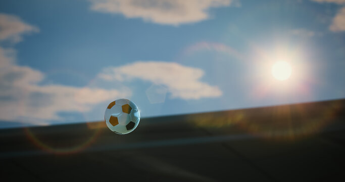 Football Championship Ball Flies Through the Air Above the Pitch in a Decisive Goal Moment, Glowing Under Bright Sun and Lens Flare, Capturing Speed, Victory, Win, and Intense Stadium Action.