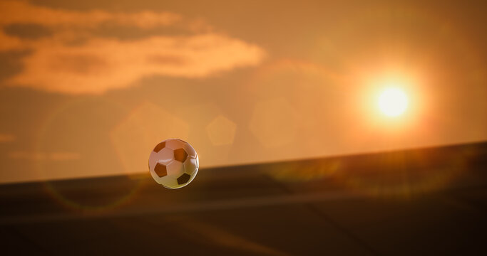 Football Championship Ball Soars Through the Air Above the Stadium at Sunset, Glowing in Radiant Sunlight and Lens Flare, Capturing a Decisive Goal Moment Filled With Victory, Win, Speed, and Action.