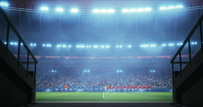 Professional Stadium With Football Game Championship Opening Ceremony. Soccer Teams Stand Aligned at the Center Circle Under Blazing Floodlights While Packed Stands Surge With Pre Match Energy.