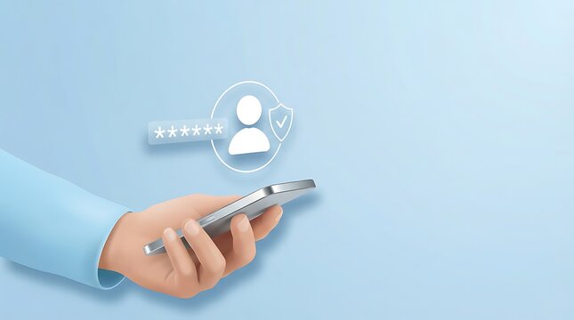 Secure login process using a smartphone with user profile and password icons, representing digital security and authentication