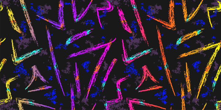 Vector abstract neon seamless pattern. Urban street art background with colorful grunge shapes, spots, brush strokes, lines. Funky sport style texture. Trendy  design for kids, teens, boys, girls