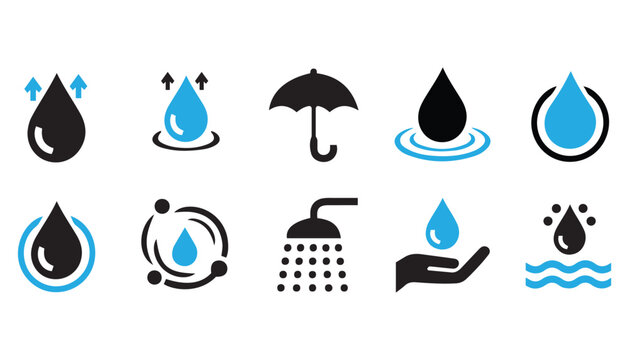 Water drop icons: umbrella shower hands waves orbiting drops abstract circles with umbrella abstract illustration collection freshness hydration