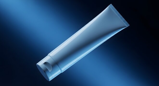 Close up of a silver toothpaste tube against a vibrant blue gradient background
