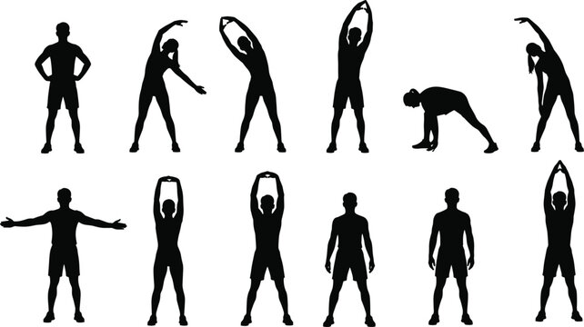 Silhouette illustration of people performing stretching exercises, fitness warm‑up routine, flexibility training poses, workout activity, health wellness art design