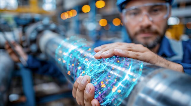 Technician inspecting an industrial pipe system with visible heat and pressure flow