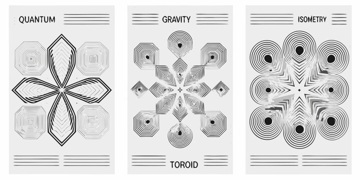 three monochromatic posters featuring abstract scientific patterns on white background high quality professional detailed modern