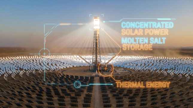 Concentrated Solar Power Plant with Digital HUD Overlay and Molten Salt Thermal Storage at Sunset