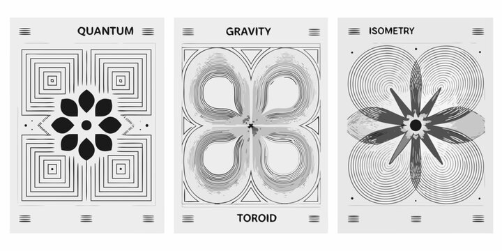 three monochromatic scientific concept posters with abstract patterns high quality professional detailed modern elegant stylish