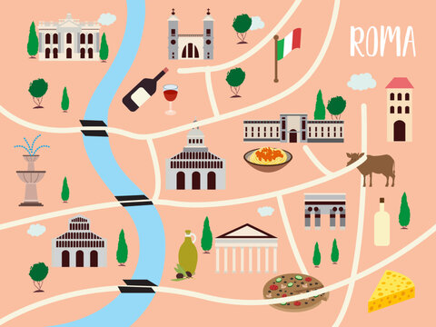 rome italian landmark cultural symbols illustration map ,europa tour tourism landmark poster attraction