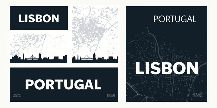 minimalist lisbon portugal cityscape posters with skyline and map high quality professional detailed modern elegant