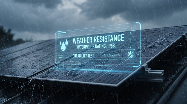 Solar Panels Weather Resistance Durability Test with Digital Data Overlay in Heavy Rain