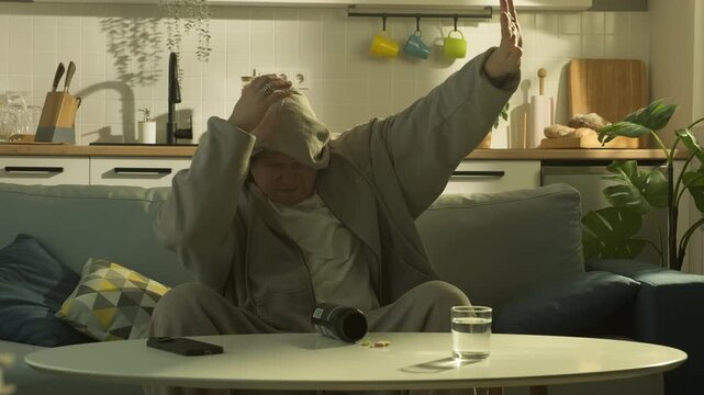 Man waking up on couch covering from sunlight morning hangover. Morning fatigue and hangover feeling after late night