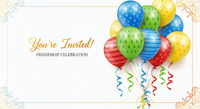Festive invitation card with colorful balloons and streamers for a celebration event
