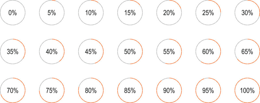 Set of progress circle rings from 0 to 100 percent