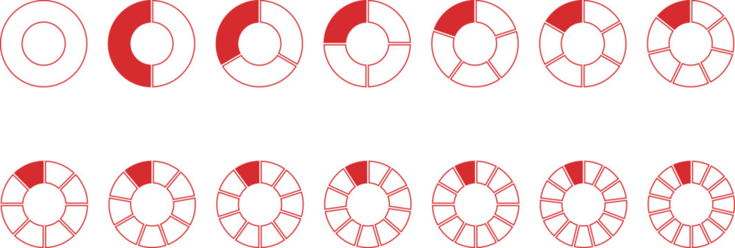 Set of circular progress bar indicators with different segments