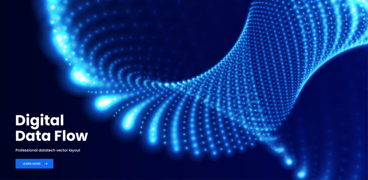 Digital data flow curved wave background. AI particle stream network concept. 3D technology science design. Futuristic banner for business, presentation. Vector illustration graphic.